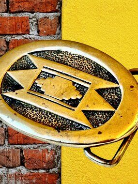 BTS Brass Belt Buckle Native Tribal Aztec Southwestern 70's Vintage Made in USA